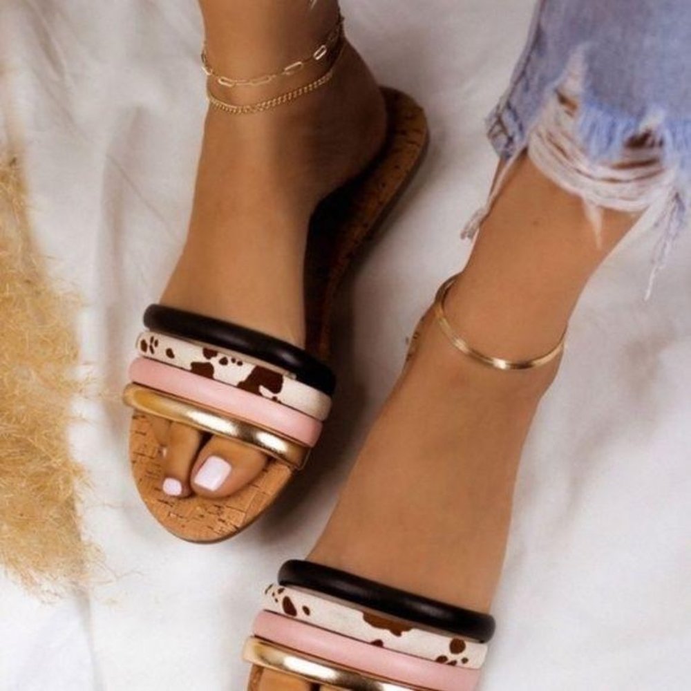 Puffy Strap Slide Sandals in Multi Cow Print - Picture 4 of 9
